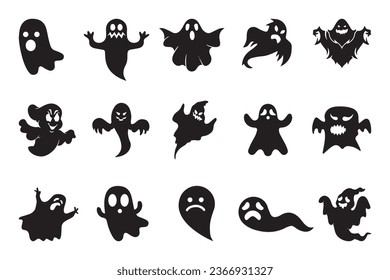 Set of spooky ghost silhouette in different shapes isolated on white background