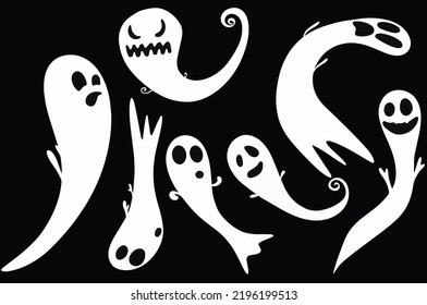 Juego de fantasmas espeluznantes para la noche de Halloween. Caricatura de vacaciones. Aparición fantasma monocroma sacudió el escenario de horror. Famoso y gracioso. Ilustración vectorial de un fantasma sobre un fondo negro. Vacaciones.