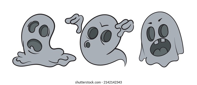 A set of spooky ghosts vintage toons: funny character, vector illustration trendy classic retro cartoon style 30s.