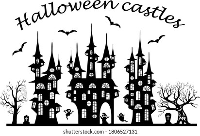 Set of spooky Halloween cartoon castles with ghosts, graves, trees and bats. Spooky castles silhouette collection of Halloween vector isolated on white background. Scary, haunted and creepy  elements.