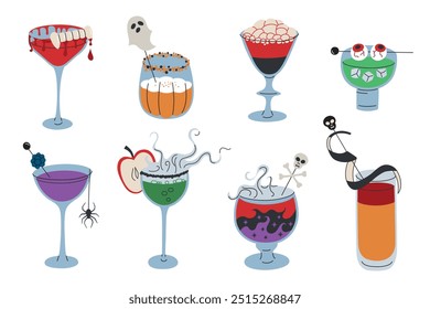 Set of spooky Halloween cocktails in vector style. Creepy party drinks with skulls, eyeballs, ghosts. Glasses collection with smoking sangria for Halloween invitations. Flat cartoon illustration