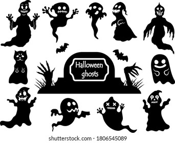 Set of spooky Halloween ghosts. Spooky ghost silhouettes, collection of Halloween vector isolated on white background.