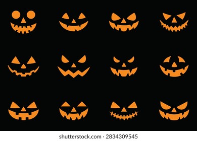 Set of spooky Halloween jack o lantern faces and skulls silhouette. Jack o' lantern silhouettes for festive designs.