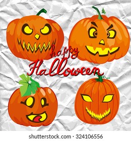 Set of spooky halloween jack o lanterns. Hand drawn vector illustration.