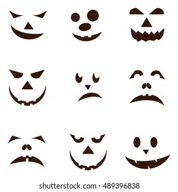 Set of spooky halloween jack o lanterns. Halloween pumpkin orange scary holiday jack o lanterns symbol. Funny halloween pumpkin jack o lantern face vector set. Jack-o-lantern pumpkin faces glowing.