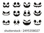 Set of spooky Halloween pumpkin faces with various expressions. Vector cartoon illustration