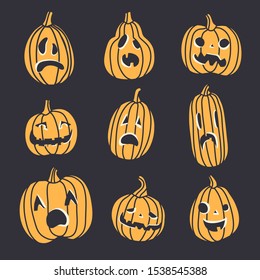 Set of spooky Halloween pumpkin faces. Different emotions, isolated elements