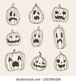 Set of spooky Halloween pumpkin faces. Hand drawn illustration, only line