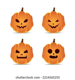 Set of spooky halloween pumpkins with smile. Orange jack-o-lantern on white background.  Vector illustration.