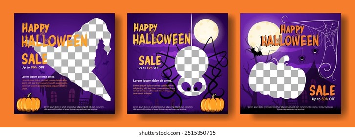 set of spooky Halloween sale social media posts featuring a purple background, pumpkins, and a haunted house.