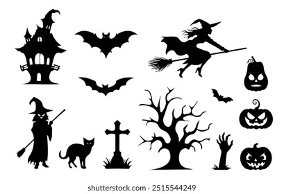 Um conjunto de silhuetas de Halloween assustadoras, incluindo bruxas, casa assombrada, morcegos, lápides, abóboras, um gato preto e árvores misteriosas isoladas sobre fundo branco. elementos vetoriais.