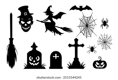 A set of spooky Halloween silhouettes of skull wearing a top hat, a flying witch on a broomstick, spider webs, gravestones with a cross, a broom, bats and a pumpkin isolated on white background.