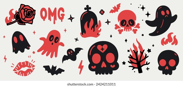 Set of spooky Halloween stickers with skulls, crosses and ghosts. Creepy illustrations for stickers and patches. 