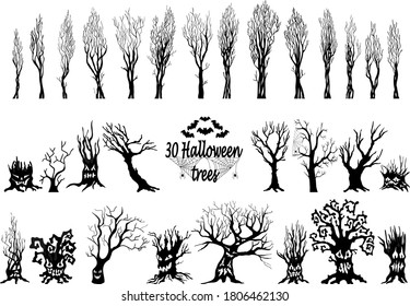 Set of spooky Halloween tree cartoon. Spooky trees silhouette collection of Halloween vector isolated on white background. scary, haunted and creepy curly plant element.