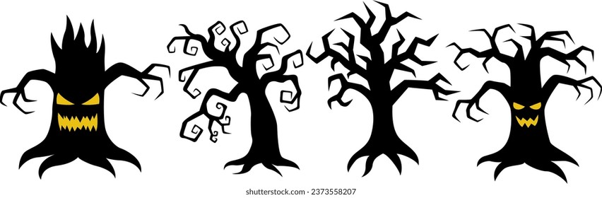 Set of spooky halloween tree silhouette illustrations