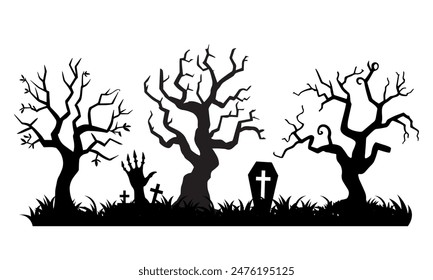 Set of Spooky Halloween trees vector silhouette. Scary halloween tree