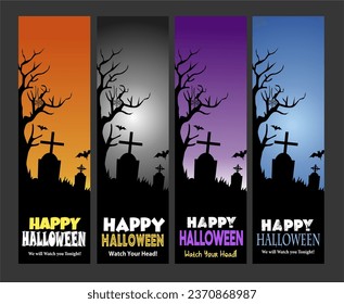 Set of Spooky Halloween Vertical Banner with Graveyard Background. Halloween Thypography. Spooky Halloween 31st October