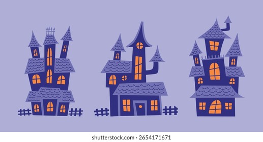 Set of Spooky Haunted Houses with Towers, Chimneys, and Glowing Windows. Halloween Castles in Purple Colors, Cartoon Buildings with Fences. Flat Hand Drawn Vector Illustration