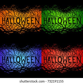 Set of spooky inscriptions Halloween with branches on a multicolored background. Vector greeting cards for your creativity