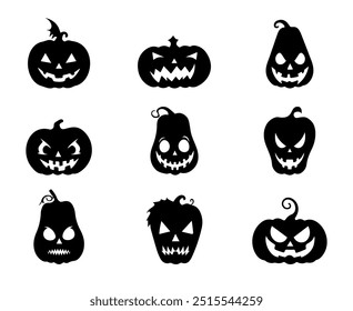 Um conjunto de silhuetas de abóbora assustadoras Jack-o'-lanterna com diferentes expressões faciais assustadoras isoladas em fundo branco, para desenhos e decorações com tema de Halloween.