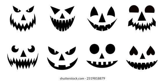 Conjunto de sonrisas de calabaza espeluznantes. Horror y caras de miedo. Diseño para vacaciones de Halloween. Ilustración vectorial