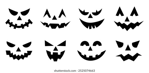 Conjunto de sonrisas de calabaza espeluznantes. Horror y caras de miedo. Diseño para vacaciones de Halloween. Ilustración vectorial