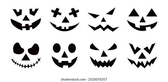 Conjunto de sonrisas de calabaza espeluznantes. Horror y caras de miedo. Diseño para vacaciones de Halloween. Ilustración vectorial