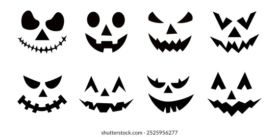 Conjunto de sonrisas de calabaza espeluznantes. Horror y caras de miedo. Diseño para vacaciones de Halloween. Ilustración vectorial