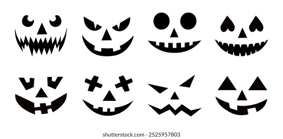 Conjunto de sonrisas de calabaza espeluznantes. Horror y caras de miedo. Diseño para vacaciones de Halloween. Ilustración vectorial