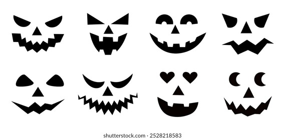 Conjunto de sonrisas de calabaza espeluznantes. Horror y caras de miedo. Diseño para vacaciones de Halloween. Ilustración vectorial