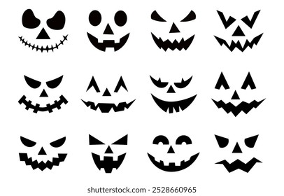 Conjunto de sonrisas de calabaza espeluznantes. Horror y caras de miedo. Diseño para vacaciones de Halloween. Ilustración vectorial