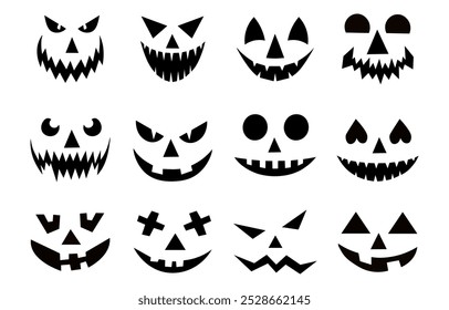 Conjunto de sonrisas de calabaza espeluznantes. Horror y caras de miedo. Diseño para vacaciones de Halloween. Ilustración vectorial