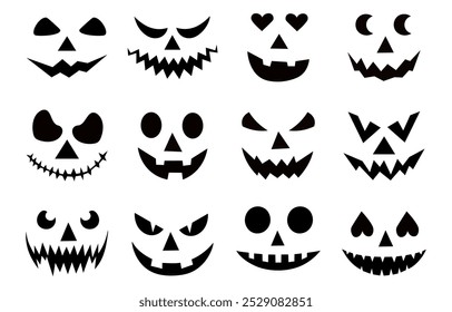 Conjunto de sonrisas de calabaza espeluznantes. Horror y caras de miedo. Diseño para vacaciones de Halloween. Ilustración vectorial