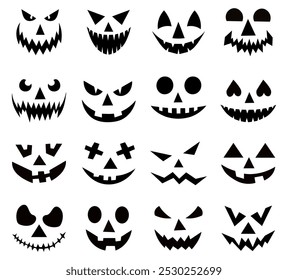 Conjunto de sonrisas de calabaza espeluznantes. Horror y caras de miedo. Diseño para vacaciones de Halloween. Ilustración vectorial