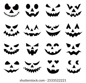 Conjunto de sonrisas de calabaza espeluznantes. Horror y caras de miedo. Diseño para vacaciones de Halloween. Ilustración vectorial