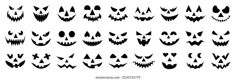 Conjunto de sonrisas de calabaza espeluznantes. Horror y caras de miedo. Diseño para vacaciones de Halloween. Ilustración vectorial