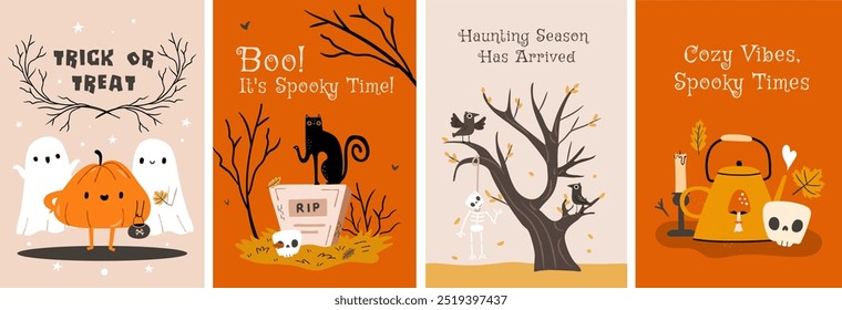 Set of spooky retro holiday posters. Drawings of cute ghosts, pumpkin, crow, characters. Halloween hand drawn vector illustration.