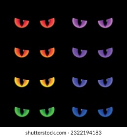 Set of spooky scary monsters eyes  isolated on black halloween background. Vector illustration of elements for the celebration decor of Halloween. Spooky halloween decoration element for your design. 