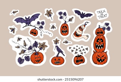Set of spooky stickers with different Halloween pumpkins, raven, bat. Cute hand drawn illustrations