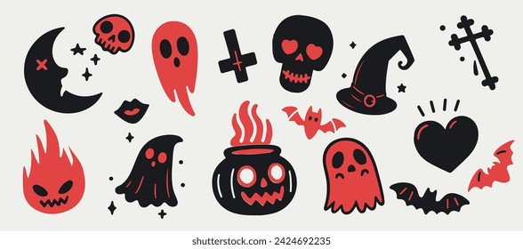 Set of spooky stickers with skulls, crosses and ghosts. Creepy halloween illustrations for stickers and patches.