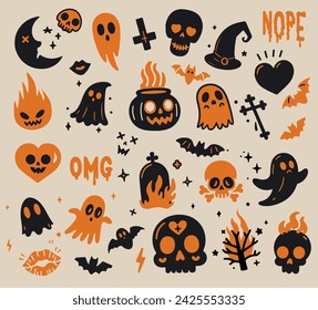 Set of spooky stickers with skulls, witch hat, crosses and ghosts. Creepy halloween illustrations for stickers and patches.