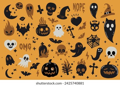 Set of spooky stickers with skulls, witch hat, crosses, pumpkins and ghosts. Creepy halloween illustrations for stickers and patches.