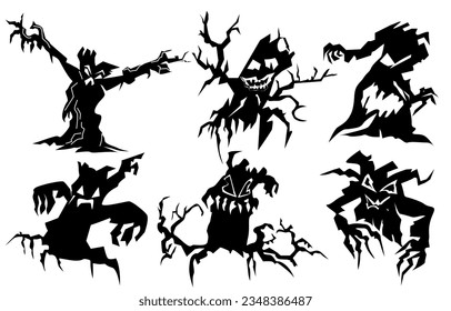 Conjunto de árboles espeluznantes. Elemento de silueta de carácter diferente para Halloween. 
Blanco y negro de un árbol fantasma. Aislamiento de ilustración vectorial para el objeto Halloween.
