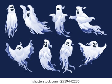 Set of spooky and whimsical ghost characters in different poses, perfect for Halloween themes. Vector cartoon illustration