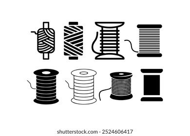 Conjunto de ícones de spool e thread em vários estilos. Design de ilustração vetorial.