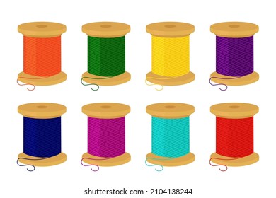 Set of spools with colored threads on white background. Vector illustration.