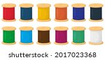 A set of spools of thread in different colors. Vector illustration isolated on white background.