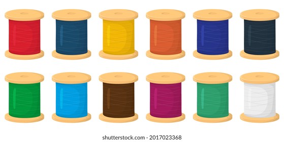 A set of spools of thread in different colors. Vector illustration isolated on white background.