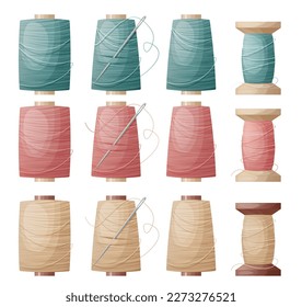 Set of spools of thread on an isolated background. Blue, pink, yellow silk threads with a needle. Vector illustration of a seamstress tool.