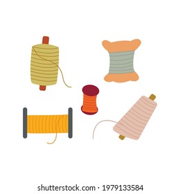 Set of spools of thread for sewing. Colorful vector illustration in hand drawn style isolated. Sewing tools, reel bobbin